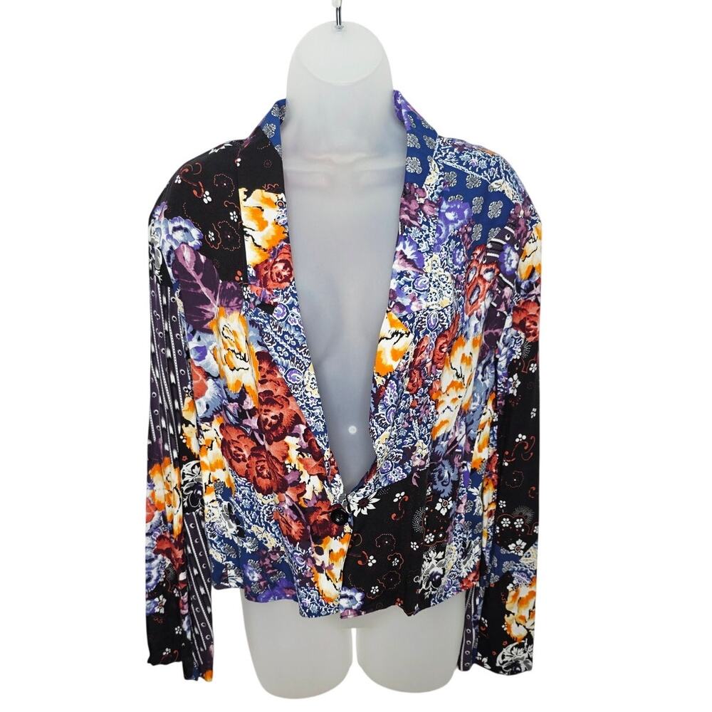Boho Floral Blouse Women's M Lightweight Button Front Roll Tab Sleeve Top